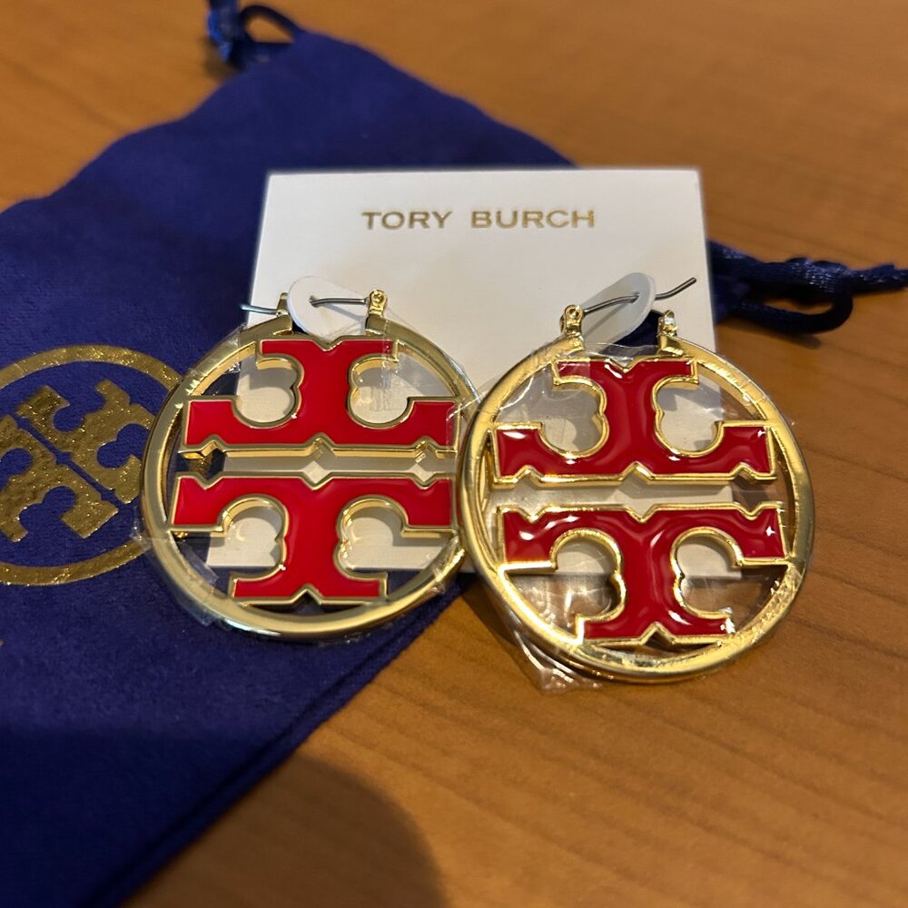 Tory Burch Red and Gold Miller Logo Earrings